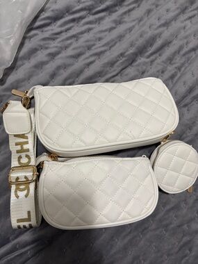 White Quilted 3-Piece Crossbody Set with Branded-Style Strap